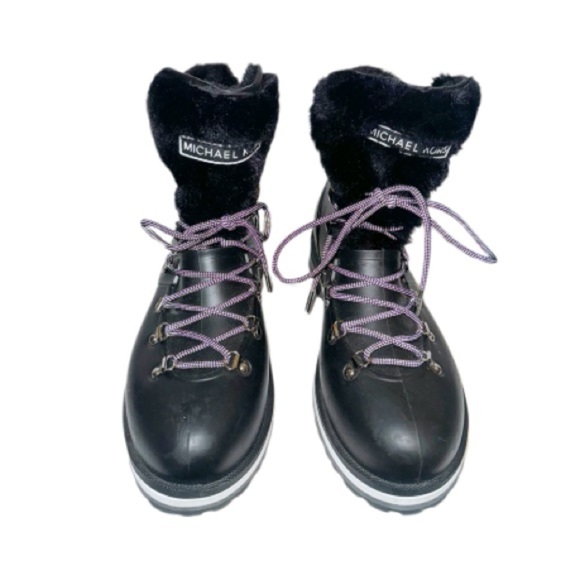 Michael Kors Black Lanis PVC & Faux Fur Rain Boot Sz 9 Reflective Laces - Picture 6 of 16